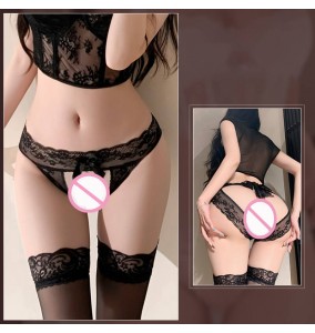 FEE ET MOI - Lace Open-Crotch Strappy Back Panties (Black)